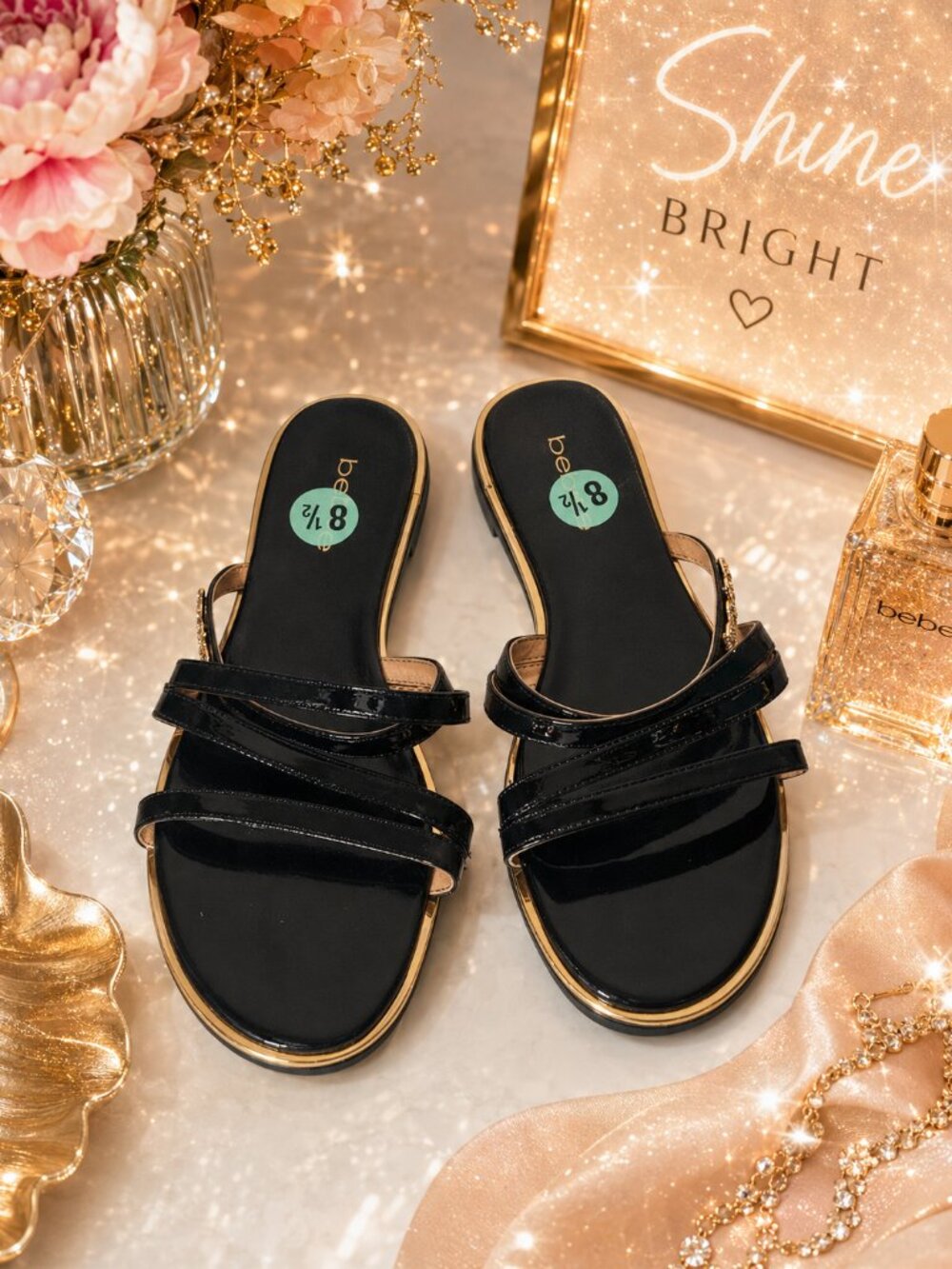 NWOT bebe Black Patent Strappy Gold Trim Slide Sandals - Size 8.5
